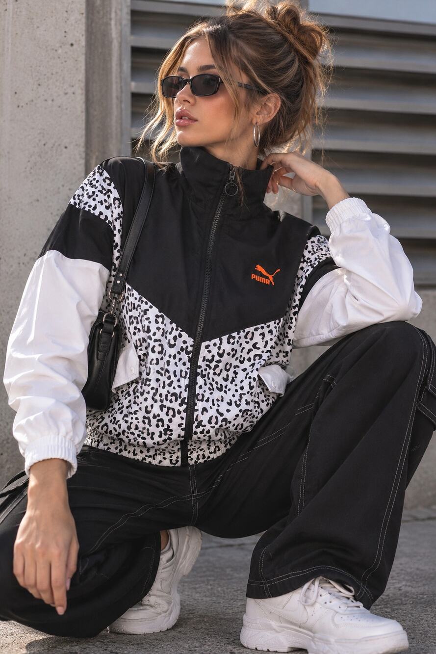 PUMA TFS Wildcats Woven Track Jacket Leopard Colorblock Windbreaker Black White